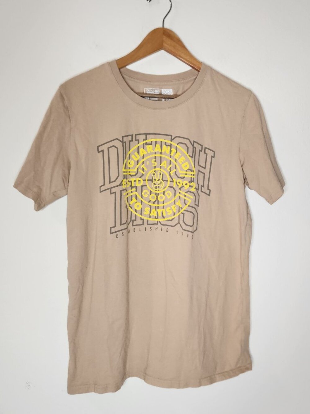 Dutch Bros Mens Large Beige Graphic Short Sleeve Shirt